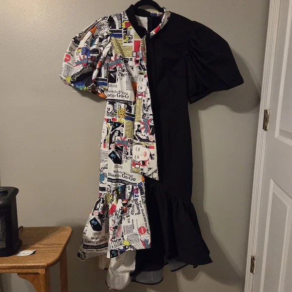 For Her NYC Womens Mixed Media Black White Puff Sleeve Comic Retro Dress. XL - Picture 5 of 9